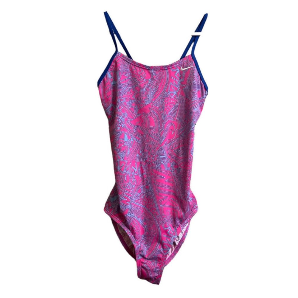 Nike Girl NESSA Swimsuit XL 13-15 Years Pink Blue Crossback Cami Straps Logo NEW